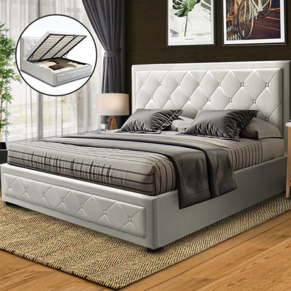 Artiss Bed Frame Queen Size Gas Lift White TIYO