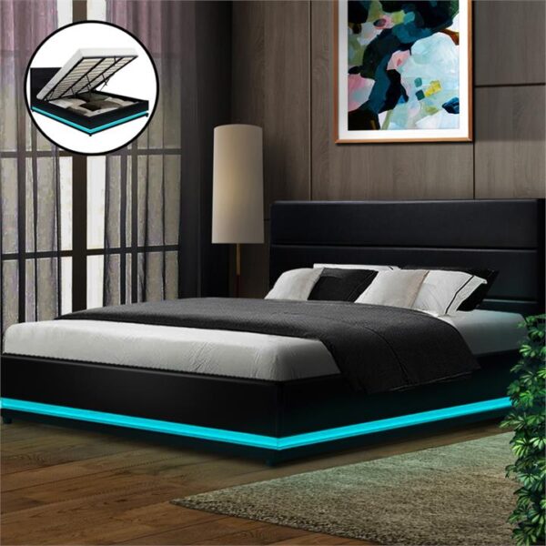 Artiss Bed Frame King Size LED Gas Lift Black LUMI