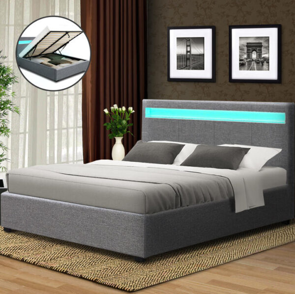 Artiss Bed Frame Double Size LED Gas Lift Grey COLE