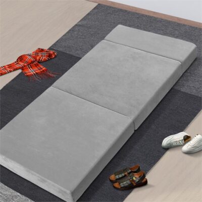 Single Folding Foam Mattress Portable Sofa Bed Lounge Chair Velvet Light Grey