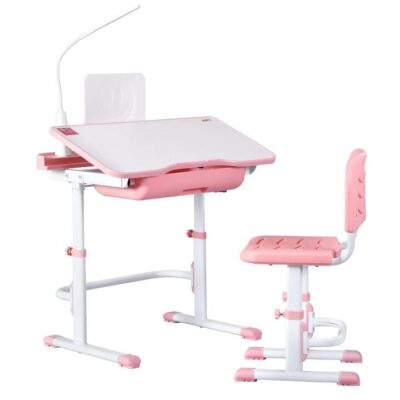 Keezi Kids Table and Chair Set Adjustable Study Desk w/ LED Lamp Reading Pink