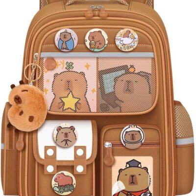 Cute Capybara Backpack with Chic Case and More Pins Ita Bag Cartoon Laptop Travel Utility Funny Going Out Casual Bag(Khaki)