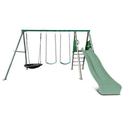 Lifespan Kids Europa Commercial Grade Steel Swing Set with Climb & 2.2m Slide (Pastel Green)