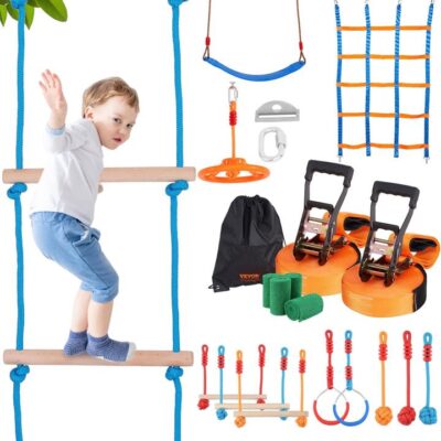 VEVOR Ninja Warrior Obstacle Course for Kids, 2 x 17m Weatherproof Slacklines, 227kg Weight Capacity Monkey Line, Outdoor Playset Equipment, Backyard
