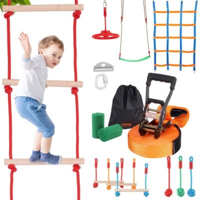 VEVOR Ninja Warrior Obstacle Course for Kids, 15.24 m Weatherproof Slacklines, 500lbs Weight Capacity Monkey Line, Outdoor Playset Equipment, Backyard