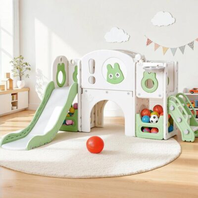 Keezi Kids Slide Swing Set Ball Hoop Rings Football Outdoor Toys Green