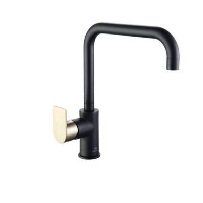 Eeva Round Kitchen Mixer Tap - Square Neck Swivel - Matte Black With Brass