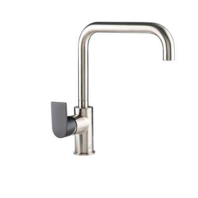Eeva Round Kitchen Mixer Tap - Square Neck Swivel - Brushed Nickel With Matte Black