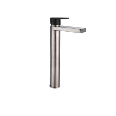 Eeva Round Basin Mixer Tap -Extended/Tall - Straight Spout - Brushed Nickel/Black