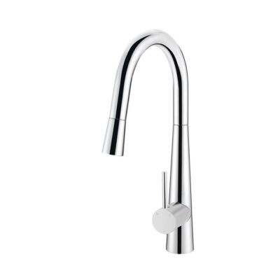Round Pull Out Kitchen Mixer Tap - Gooseneck - Conical Base - Polished Chrome