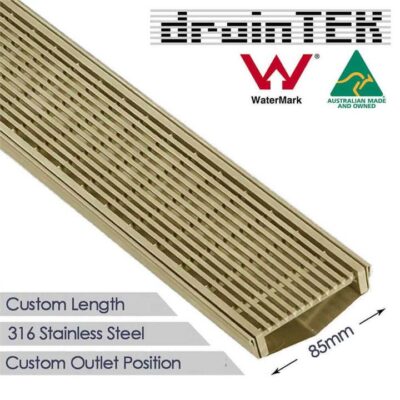 Shower Grate - Wedge Wire / Heel Guard Style 3Mm Gaps - 85Mm - Brass Finish - Custom Length And Outlet
