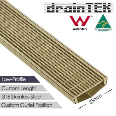 Outdoor Low Profile Linear Grate – Wedge Wire / Heel Guard Style 3Mm Gaps – 85Mm – Brass Finish – Custom Length And Outlet Crazy Deals Online Outdoor Low Profile Linear Grate - Wedge Wire / Heel Guard Style 3Mm Gaps - 85Mm - Brass Finish - Custom Length And Outlet
